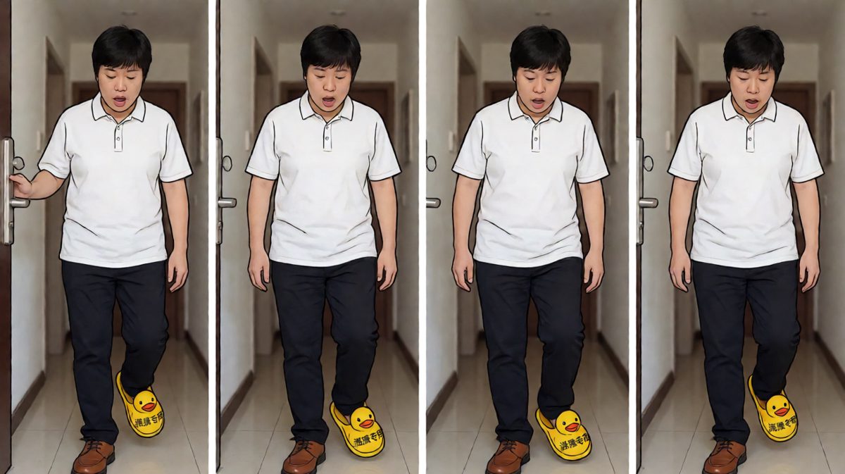 迈出门才发现，脚上只有一只拖鞋。