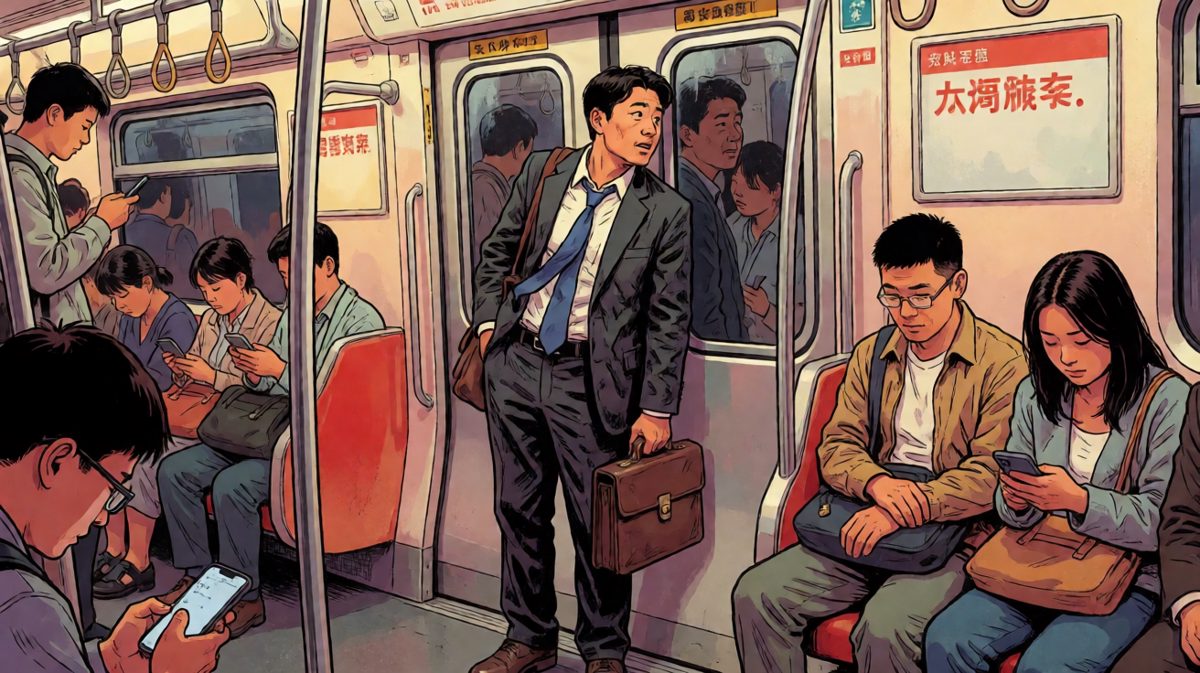 格二：早高峰地铁，他被挤成一张贴纸脸，灵魂仿佛还在床上没跟过来。
