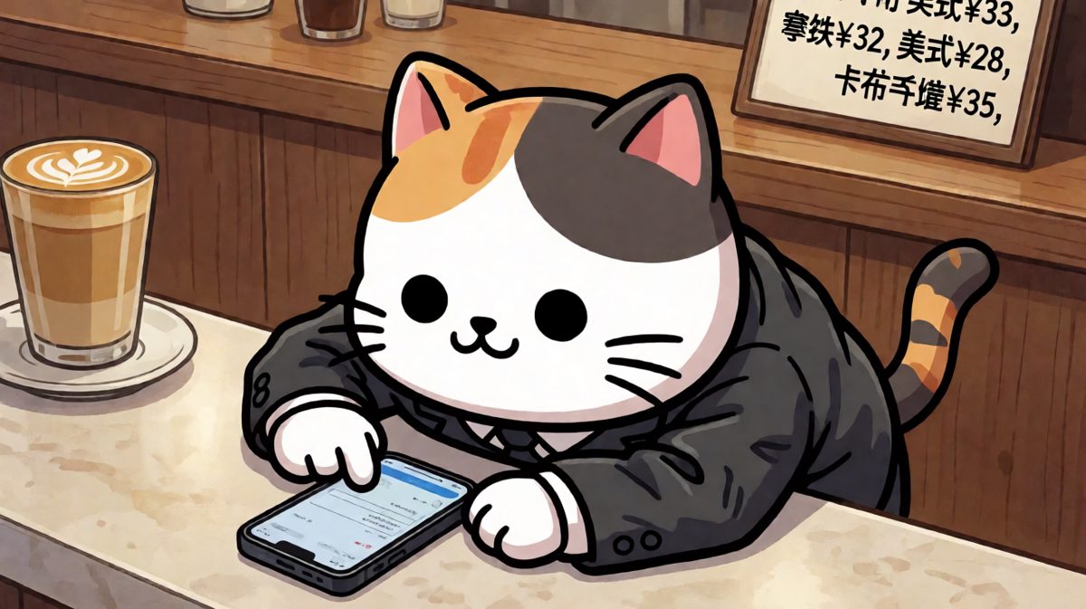 打工猫想买杯咖啡提神，紧张得满头大汗。