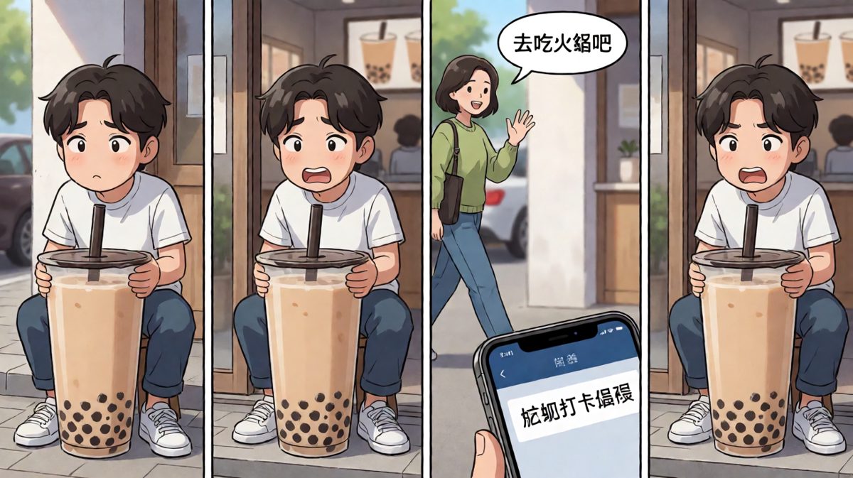奶茶的诱惑让主角内心彻底崩溃。