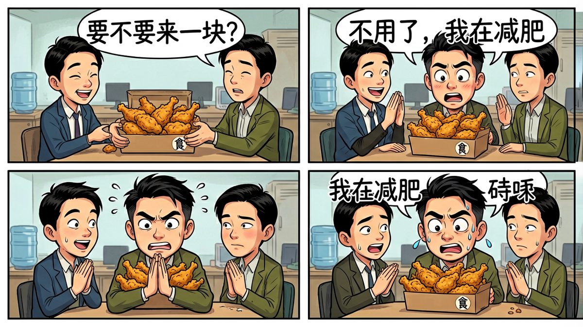 面对美食诱惑，嘴上说不要，眼睛却很诚实。