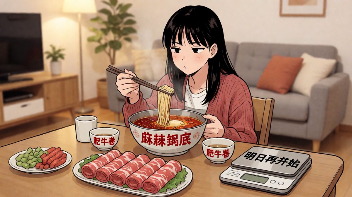 在家吃火锅，体重秤都显示'明日再开始'