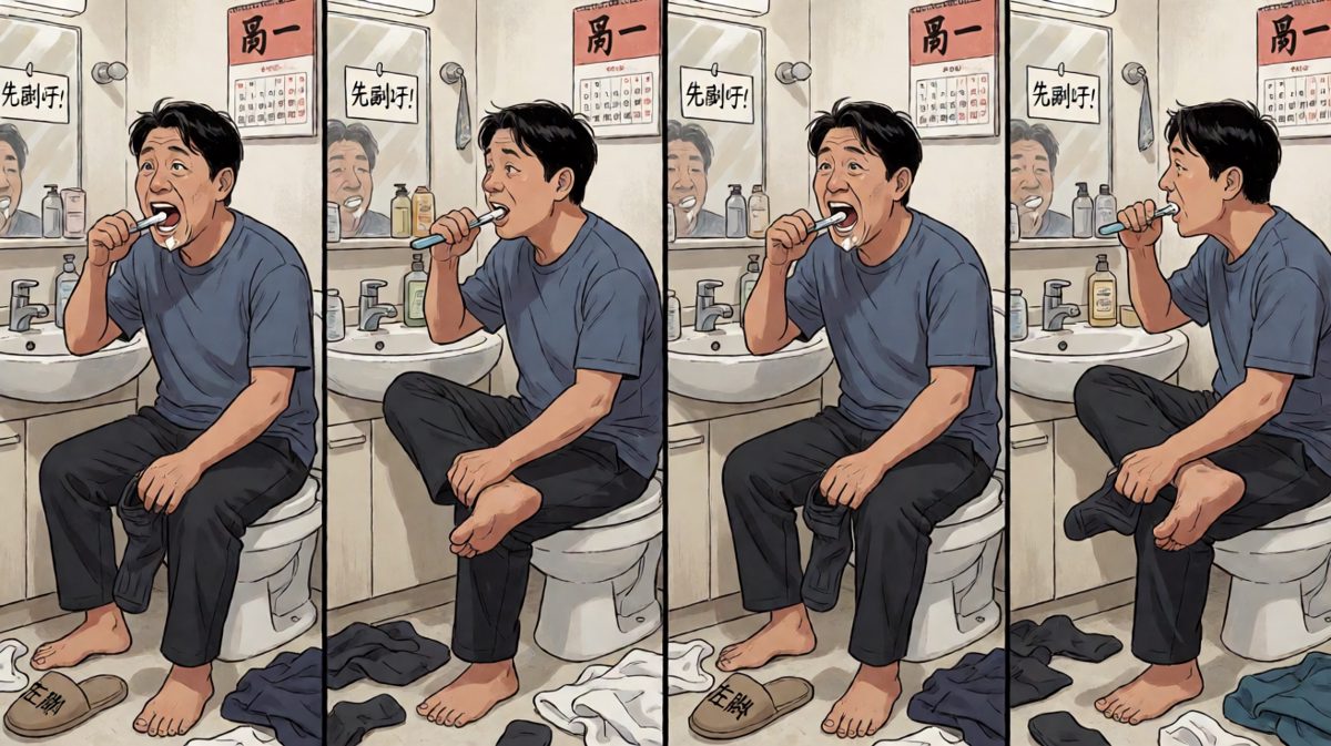 疯狂洗漱，混乱中找袜子