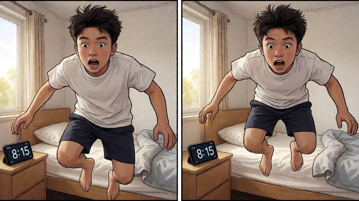 第二格：猛然惊醒，一看时间——已经迟到了！