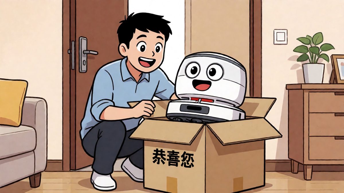 满怀期待拆开新买的智能扫地机器人