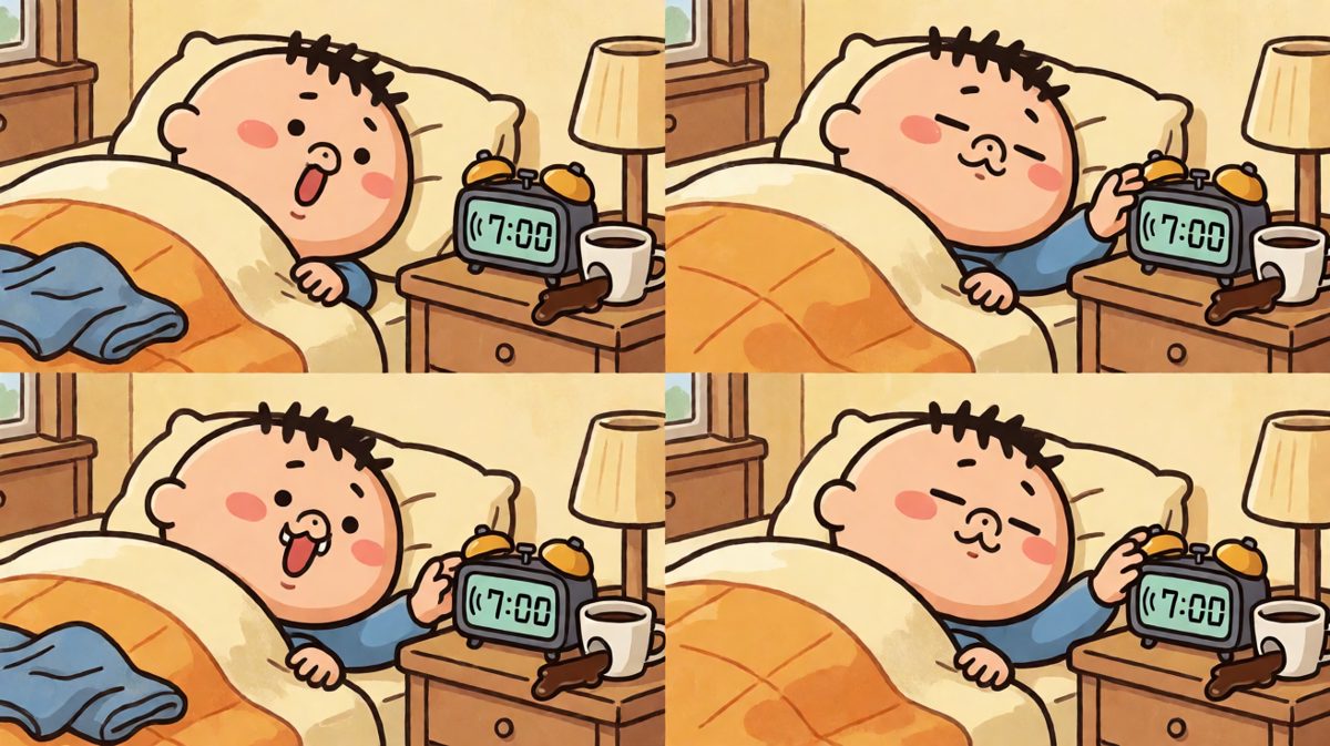 闹钟响了，痛苦地伸手去按