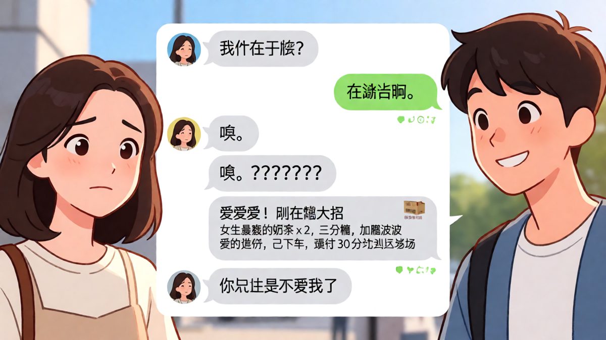 女生步步紧逼质疑爱意，男生用一杯奶茶绝地反击。