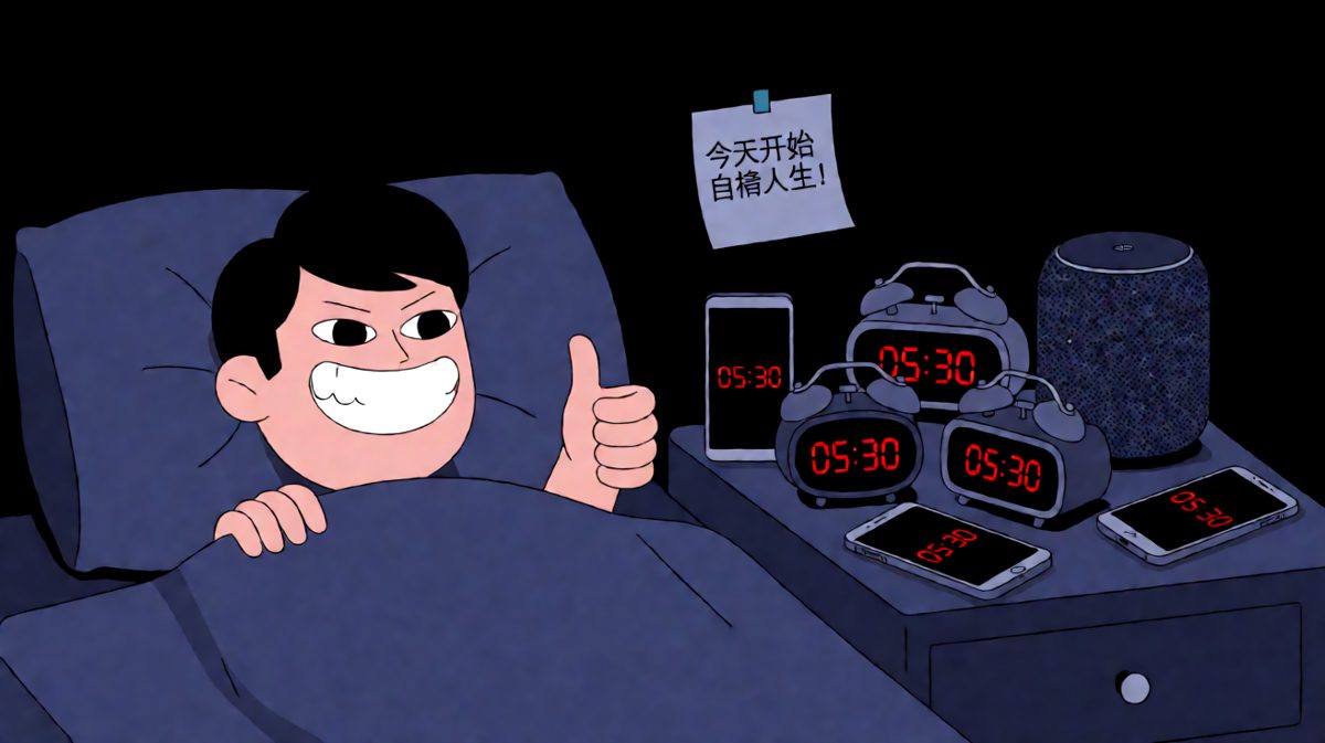 格一：深夜信心满满，给七个闹钟全部设好5:30的起床时间