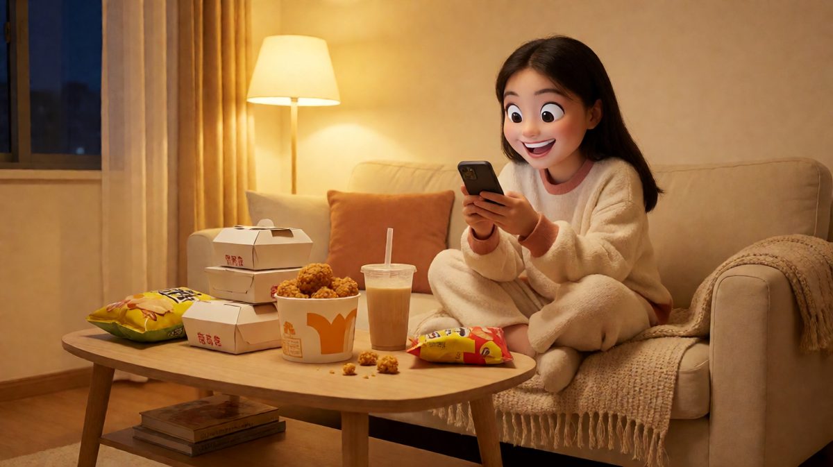 手机一刷就是三小时，顺便吃点宵夜……