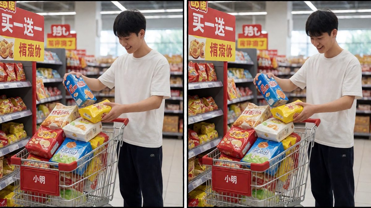 '买一送一！'小明瞬间失控，购物车爆满。