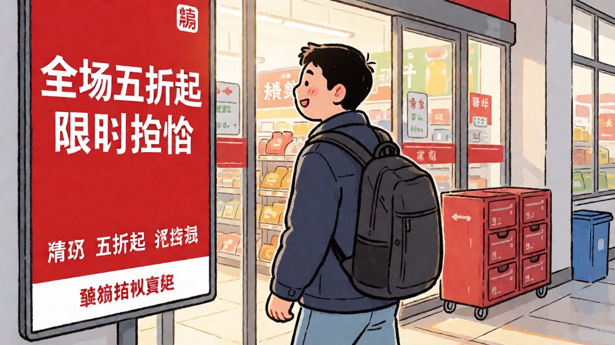 超市门口促销海报闪闪发光，主角眼神锁定目标！