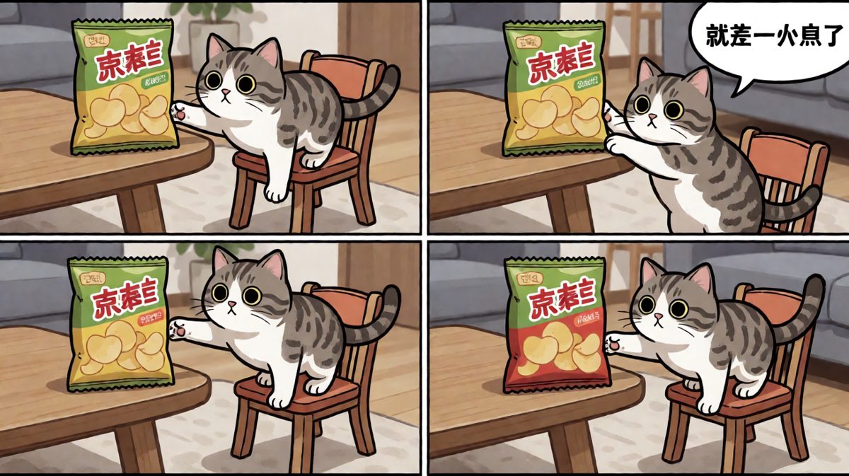 猫咪踮起脚尖，开始了惊险的偷吃行动