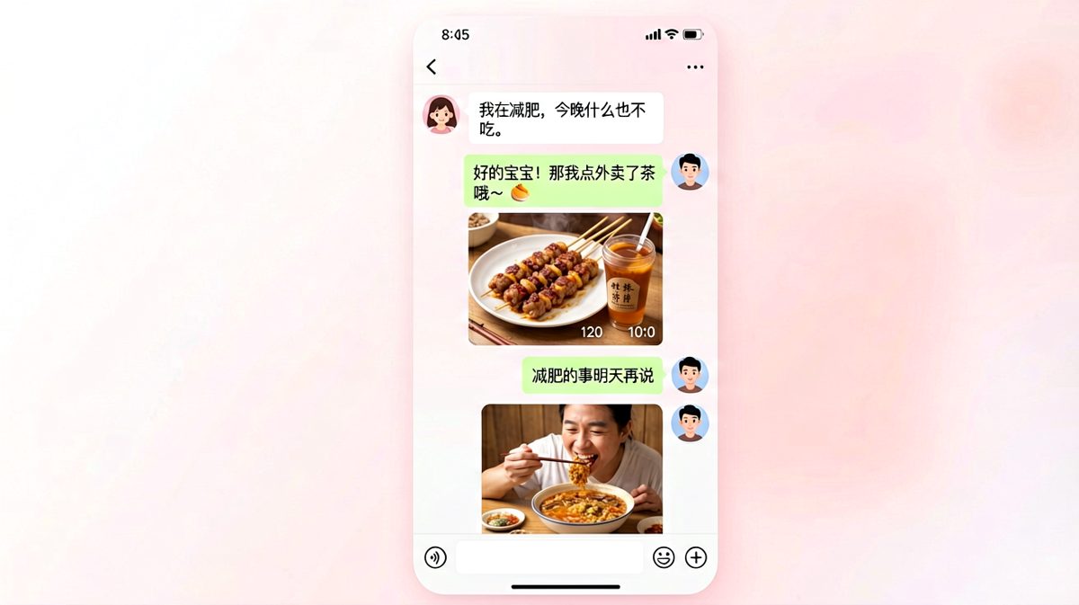 女生说在减肥，男生以为可以安心吃独食，结果反转让人哭笑不得。
