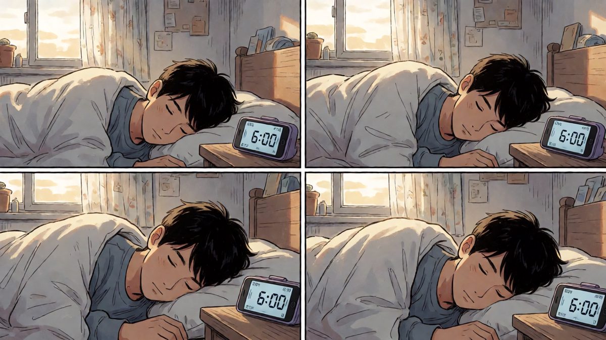 闹钟响了6:00，小明翻个身继续睡。