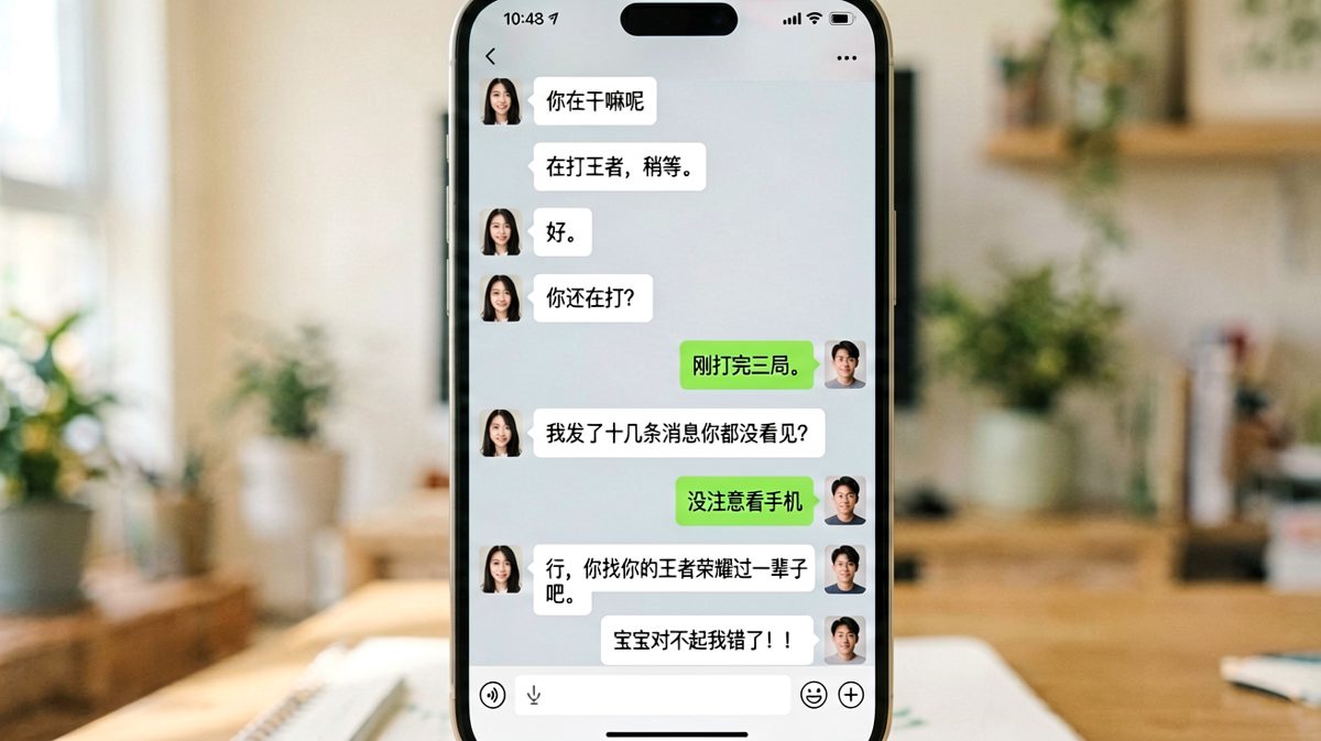 打游戏不回消息的经典翻车现场，最后一句语音求生欲拉满。