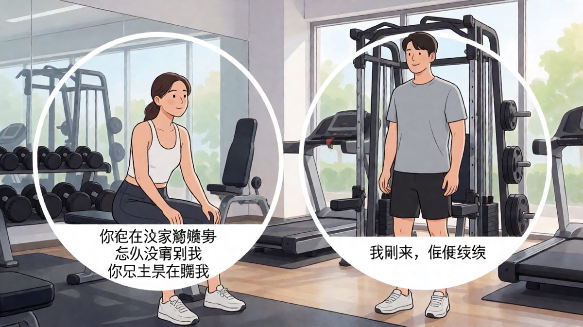 健身打卡：两人互相发健身照，反转是其实是在同一个健身房但男女方在不同区域