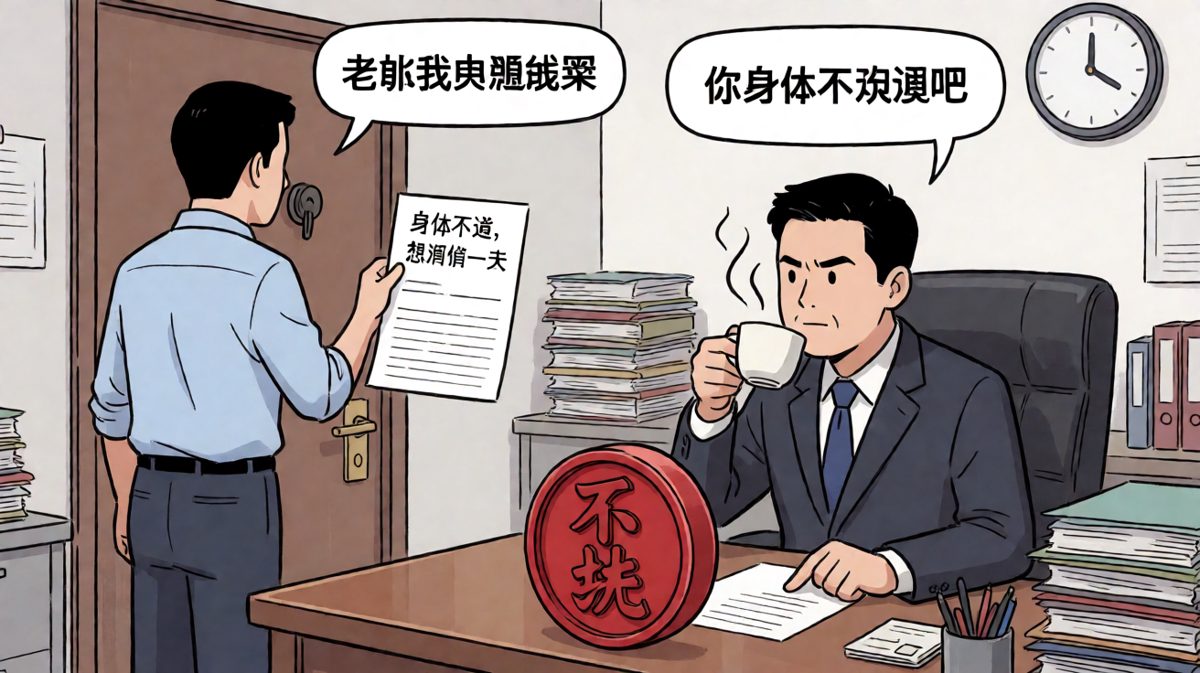 员工：我想请假一天——老板：你这是在挑战我的底线