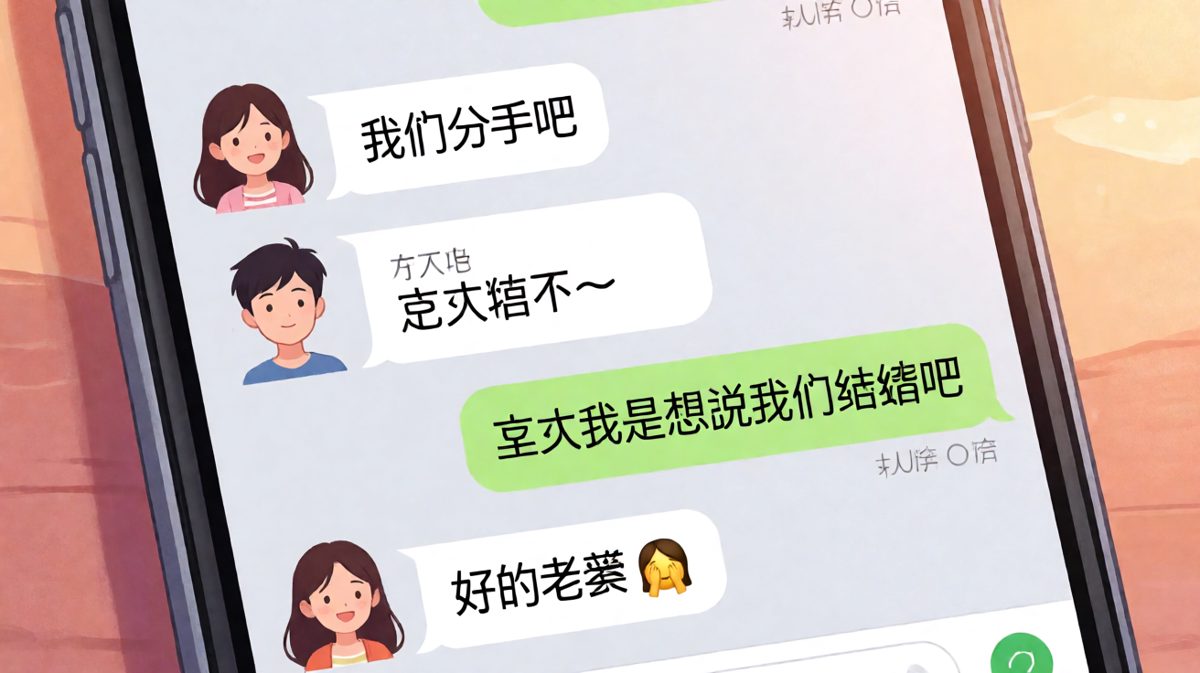 女生打错字想表白'结婚吧'，结果变成了'分手吧'，男生当真秒回