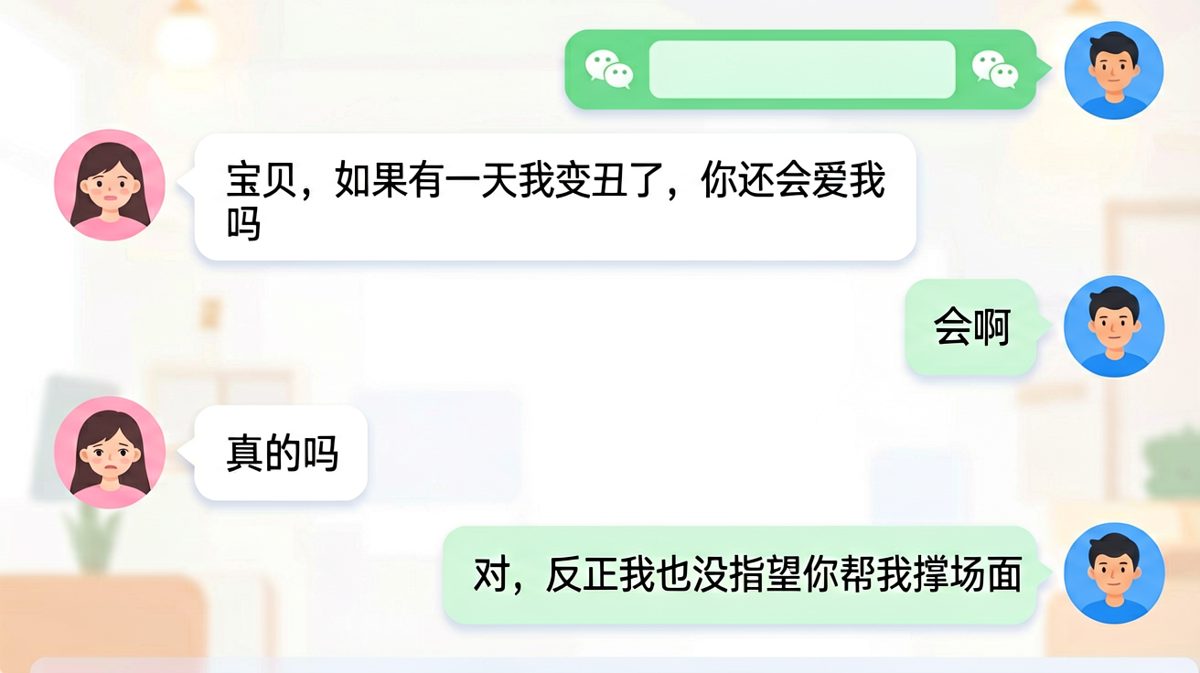 女生期待浪漫告白，男生认真计算性价比，爱情在现实面前弯了腰。