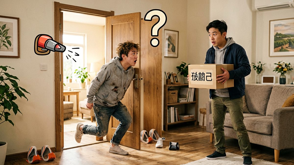 第四格：外卖终于到了，结果送错人了——崩溃！
