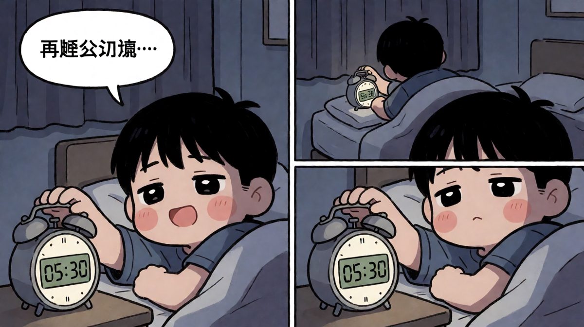 凌晨5:30，闹钟响起，挣扎着伸手按掉。