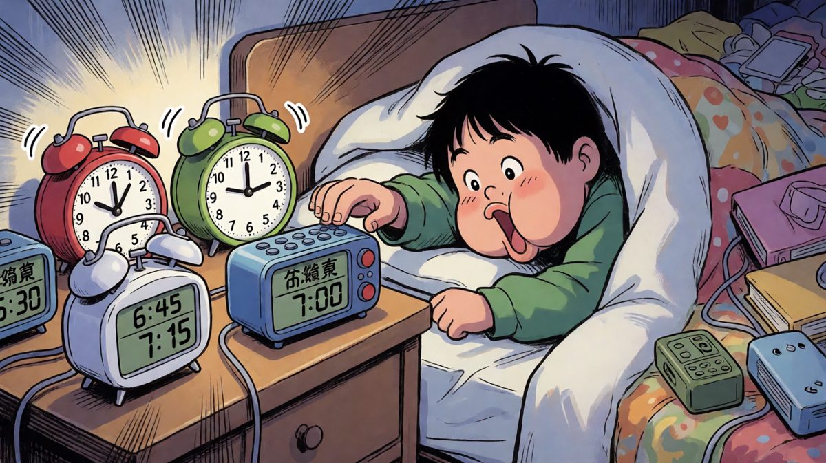 闹钟一个一个响，主角用同一个姿势连续按掉所有闹钟，秒睡。