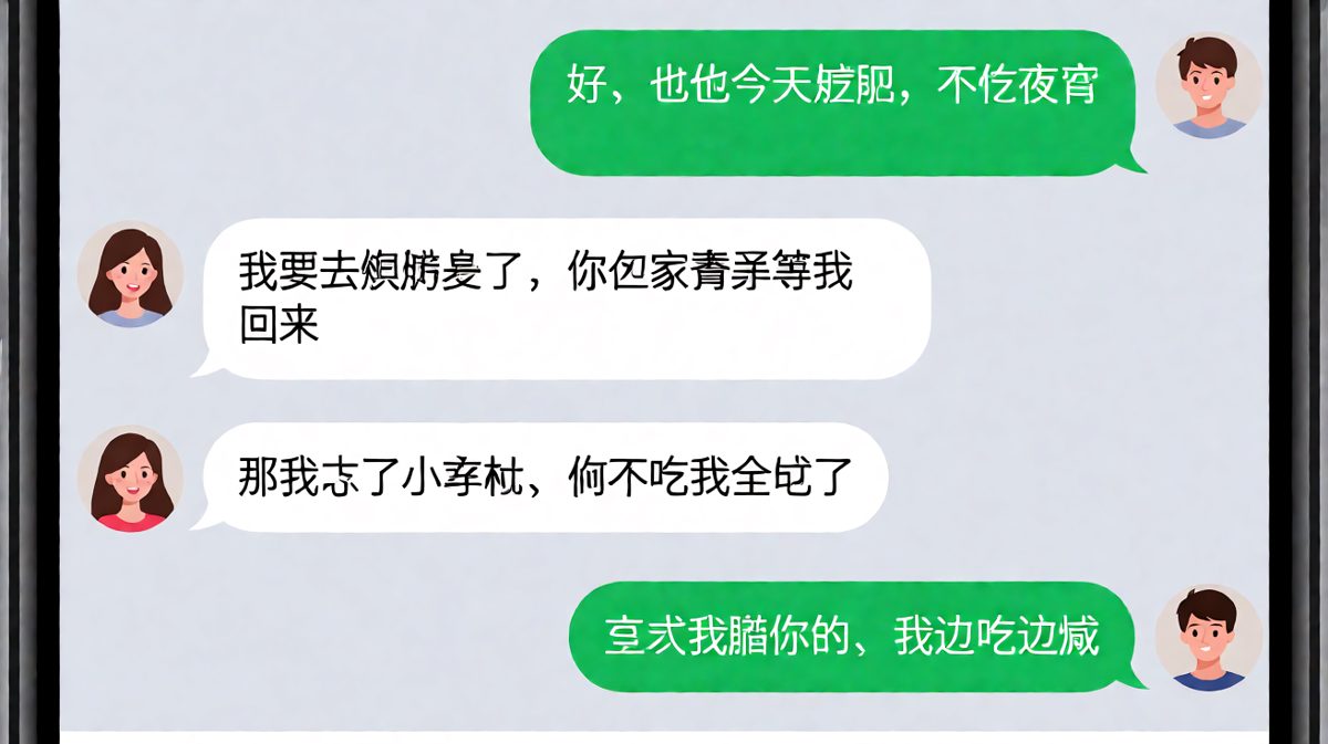 女生假装健身，实则点小龙虾偷吃，男生反向调侃自己骗减肥。