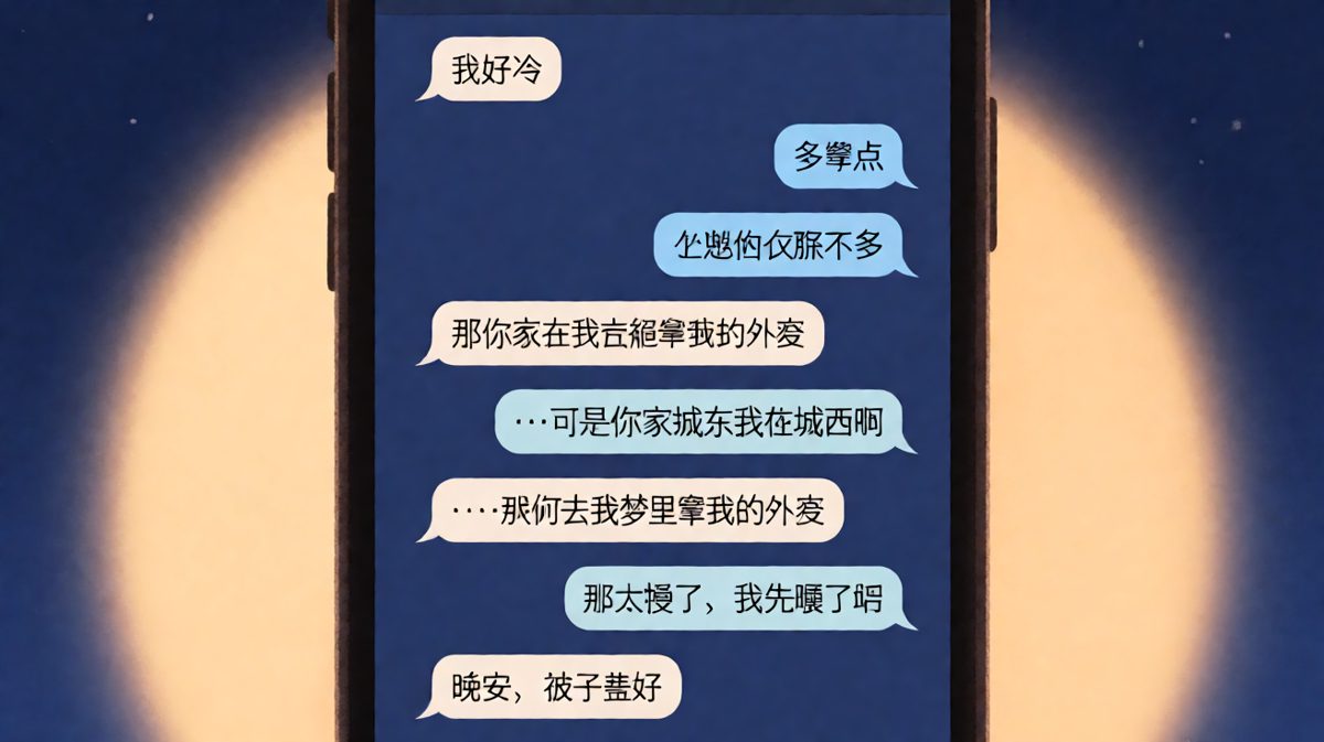女生深夜喊冷求安慰，男生远程送温暖却只能靠梦，结局温馨又好笑。