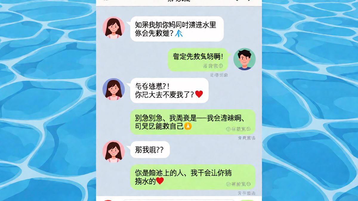 经典送命题被男友用'我会游泳'完美化解，套路满满。