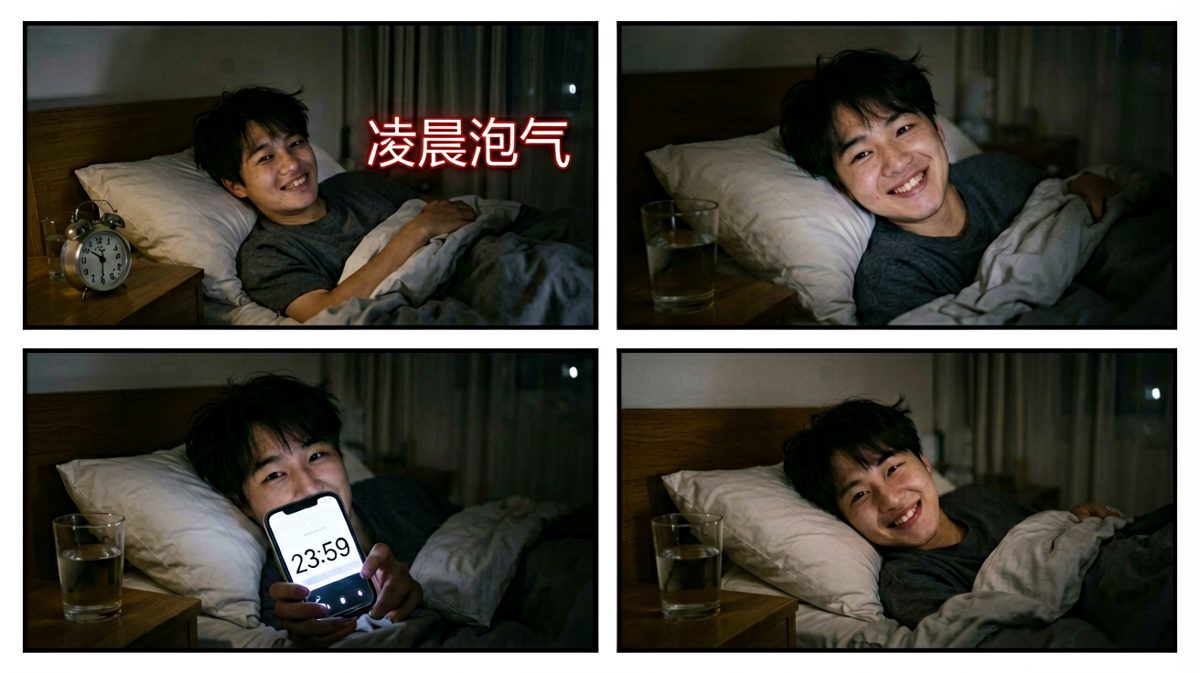 夜晚11点59分，他自信满满地设下了明早6点的闹钟。