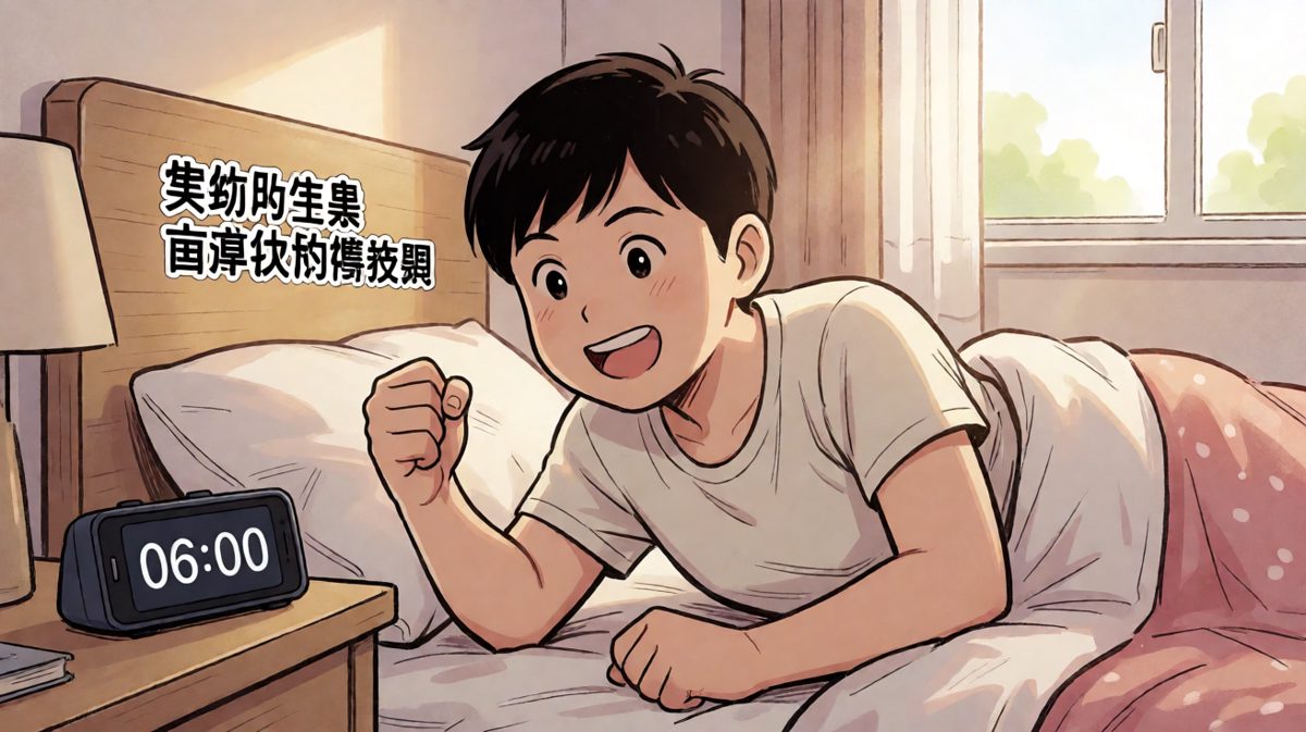 第1格：闹钟响起，主角雄心壮志决定今天一定要早起！