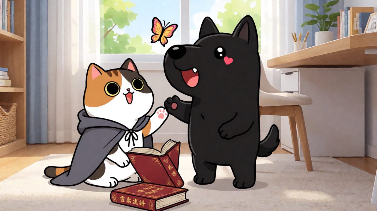 猫想叫狗一起读书，但狗已经和蝴蝶'聊天'了