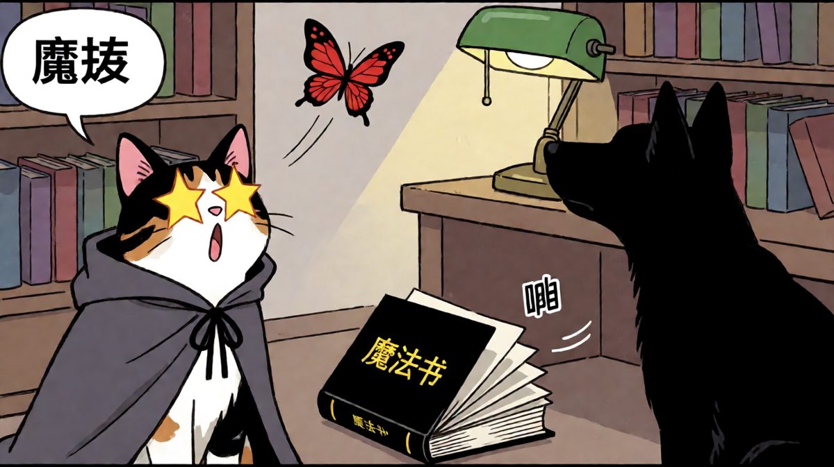 连猫也忍不住分心，魔法书掉地上了！