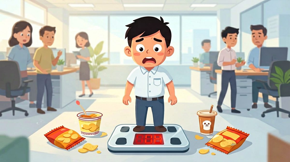 第一格：小明被体重秤上的数字暴击，当场立誓减肥