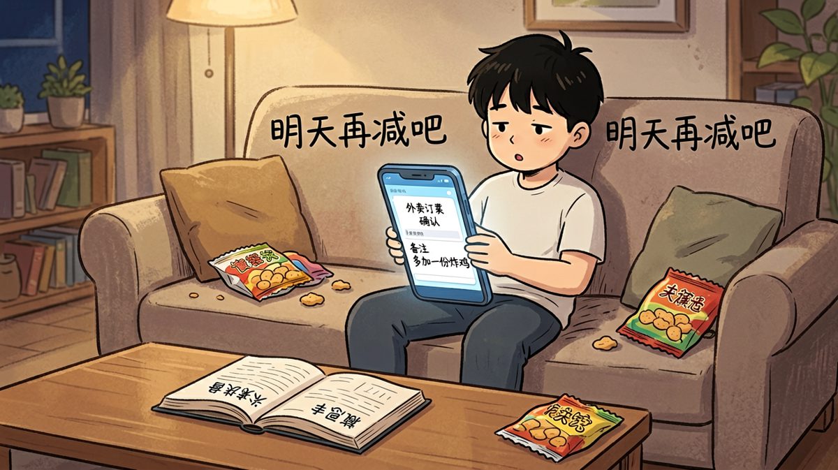 第三格：订单已下单，小明用'明天再减'成功自我催眠
