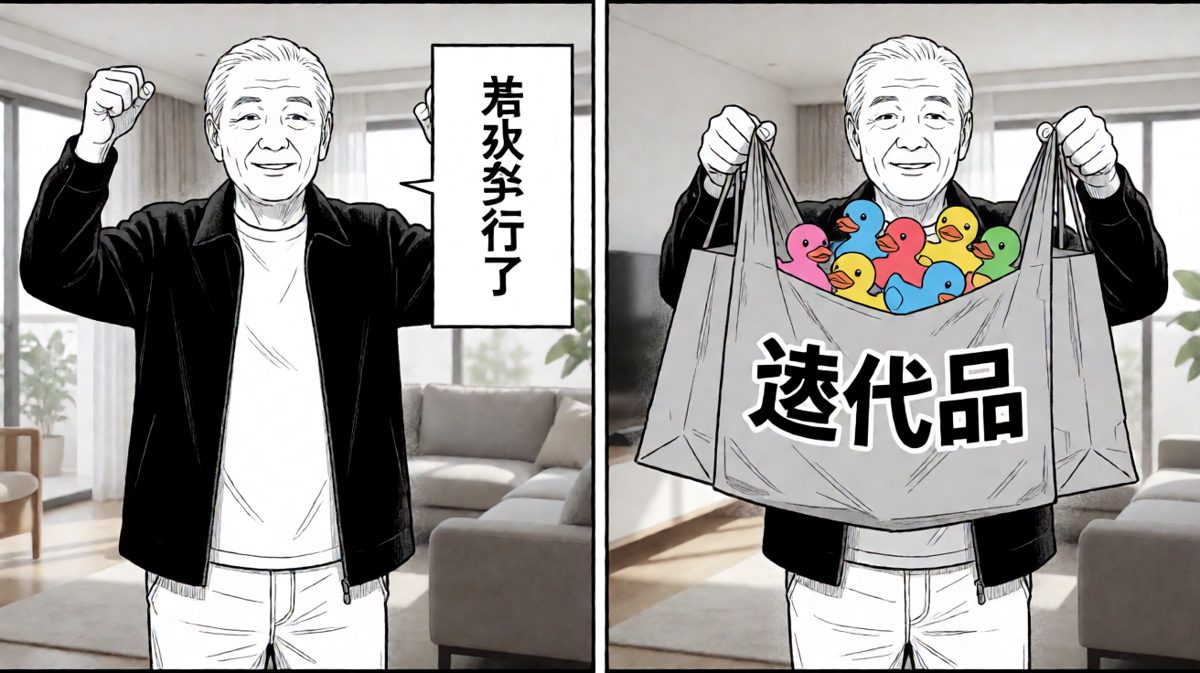 买了个橡皮鸭当替代品，还一脸满足。
