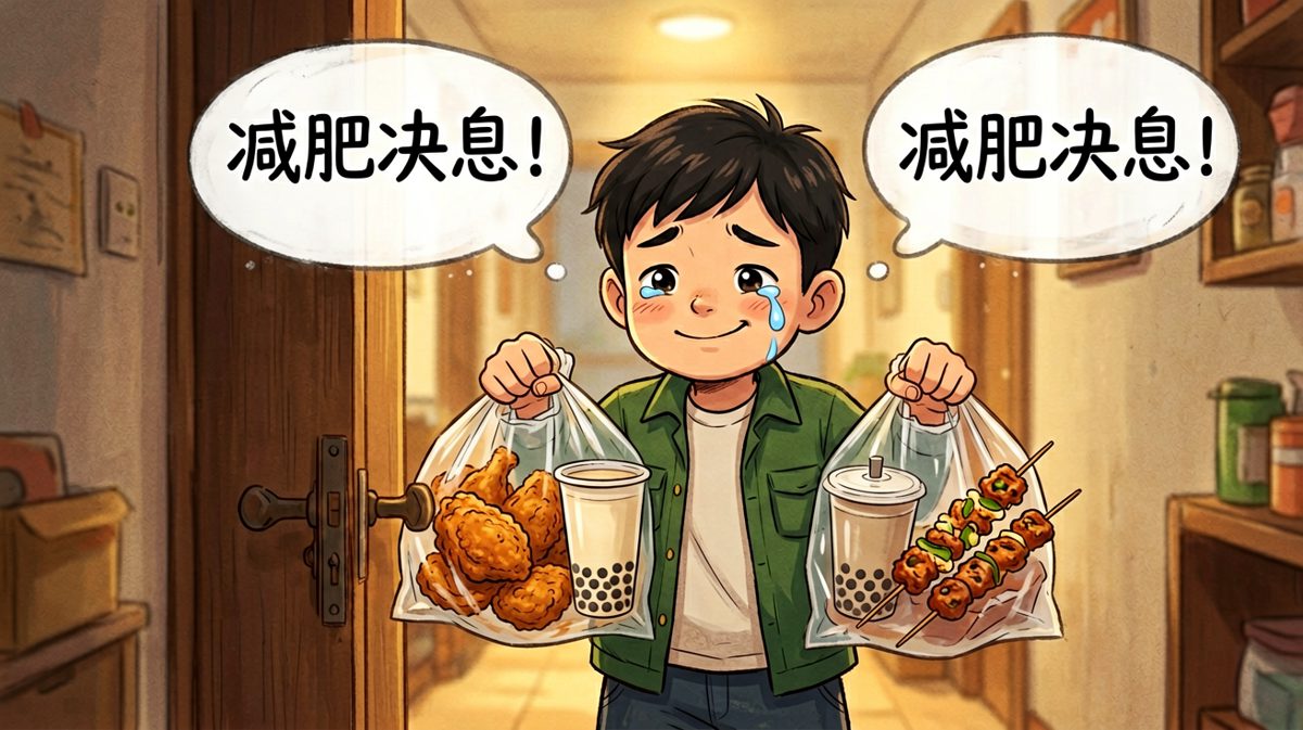 第四格：外卖到手，幸福与悔恨同时涌上小明的心头