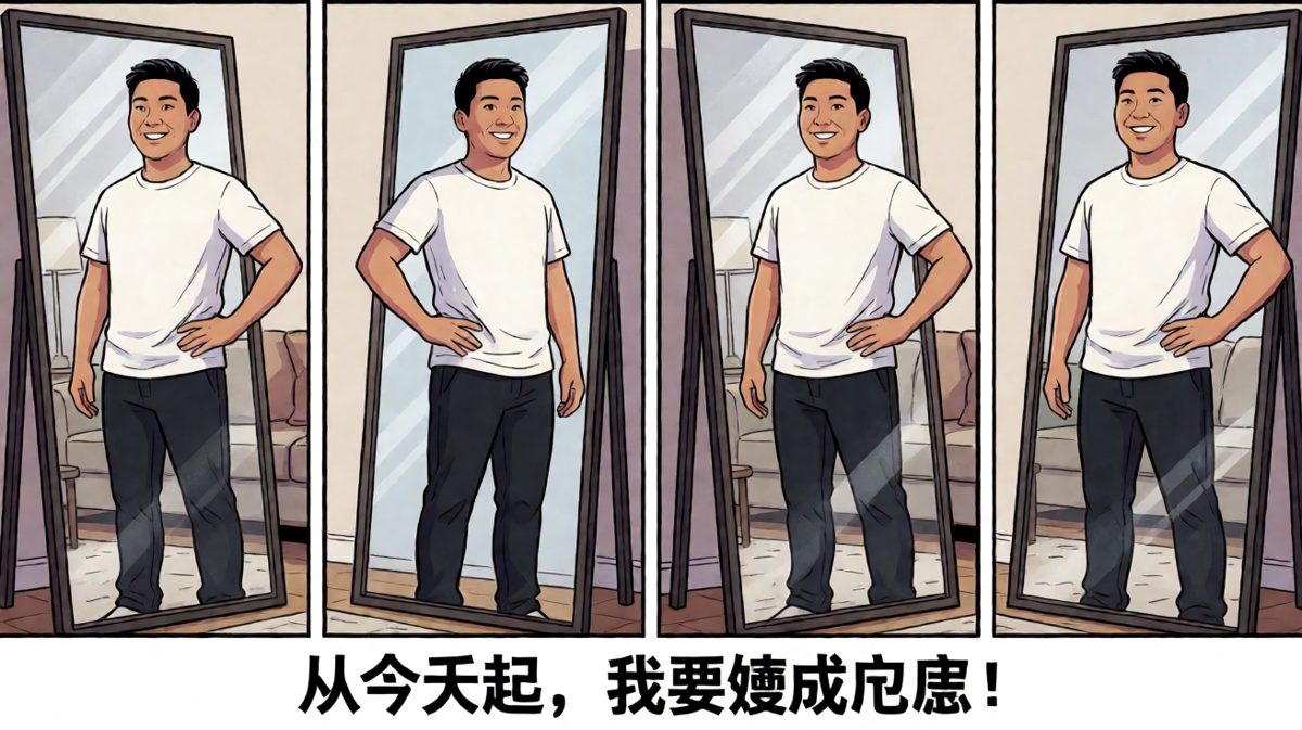 对着镜子信心满满立下减肥誓言