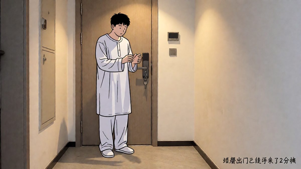 主角出门后猛然发现钥匙根本没带，还顺手把备用钥匙留在了门上