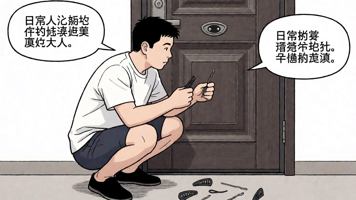 主角自信满满地尝试自己开锁，结果越弄越糟