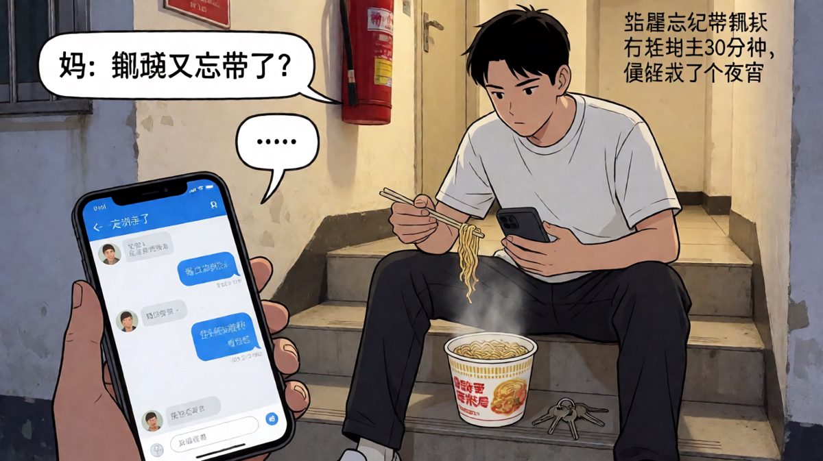 最终选择边吃泡面边等妈妈送钥匙，还顺便把晚饭解决了