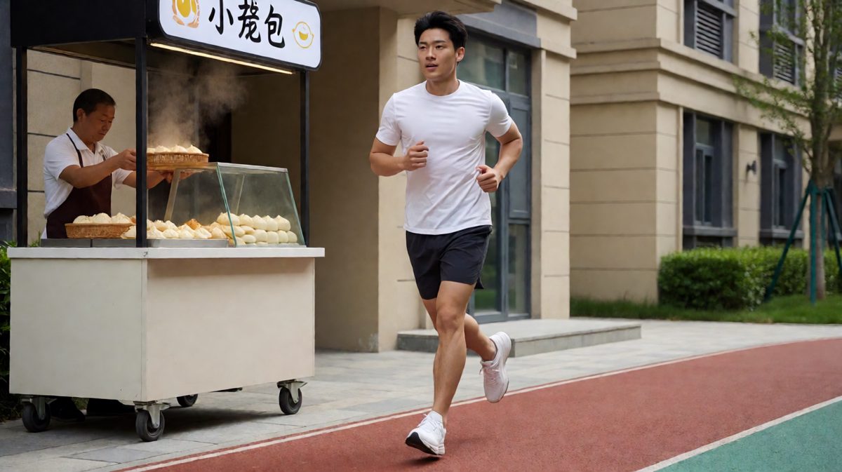 第2格：刚跑到一半，闻到隔壁包子铺的香味……