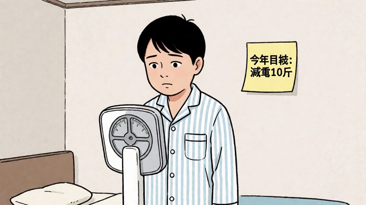 看到体重秤上的数字，主角下定决心减肥。