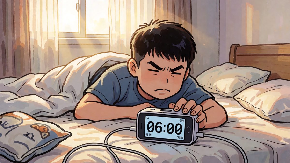 清晨六点，闹钟准时响起，主角一脸不情愿地挣扎着伸手去按