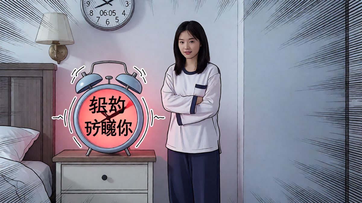 普通闹钟不管用，主角祭出终极武器——改装版'地狱闹钟'，试图用噪音征服自己的懒惰