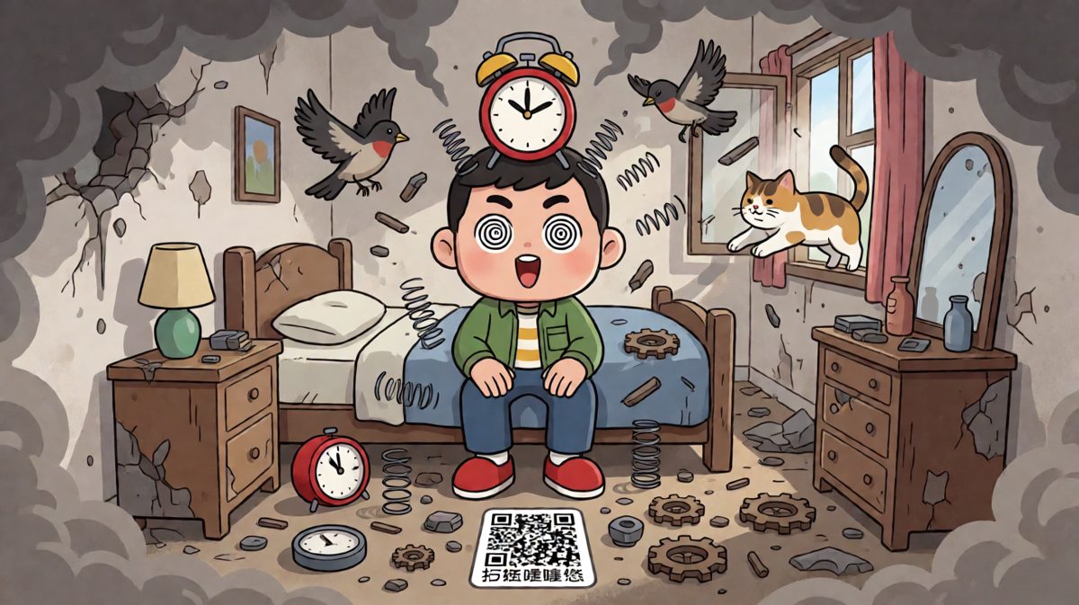 闹钟战况激烈，最终同归于尽——闹钟炸了，主角也彻底晕了