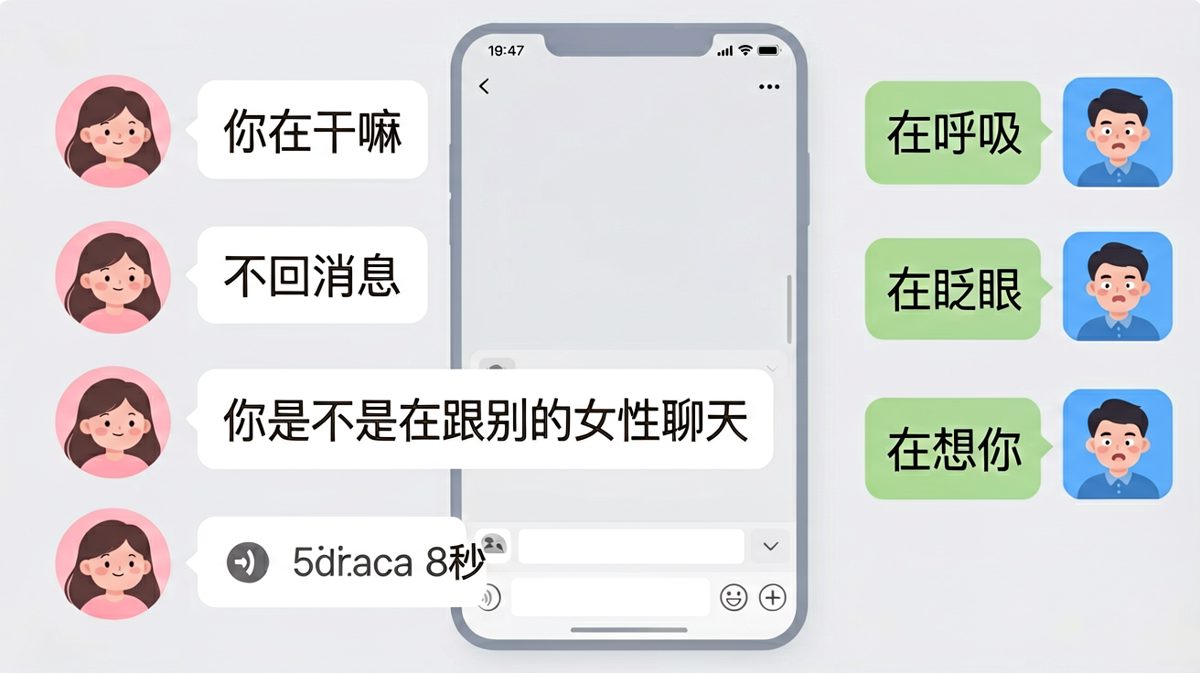 男生用'在呼吸''在眨眼''在想你'三连敷衍，女生气到发语音轰炸。