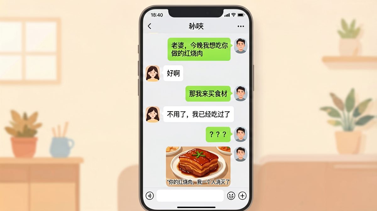 男生想吃红烧肉，结果发现自己的份额已被女生提前打包消灭。