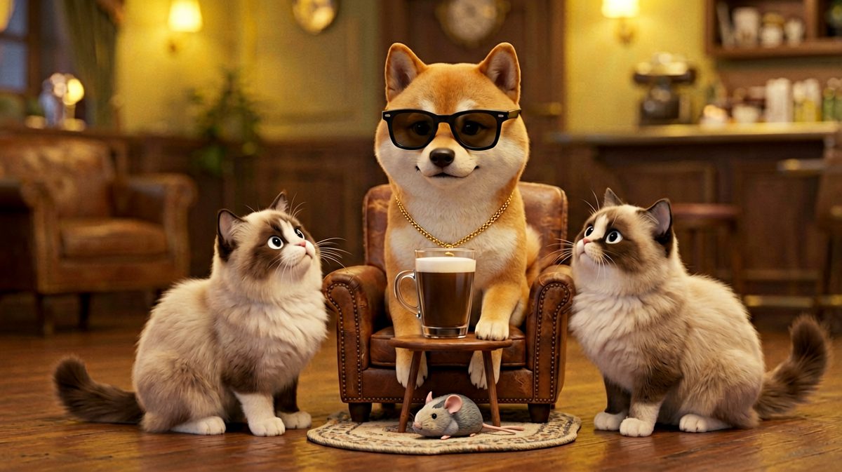 柴犬老板正在思考今晚吃什么，布偶猫不敢打扰，只能在旁边鼓掌。