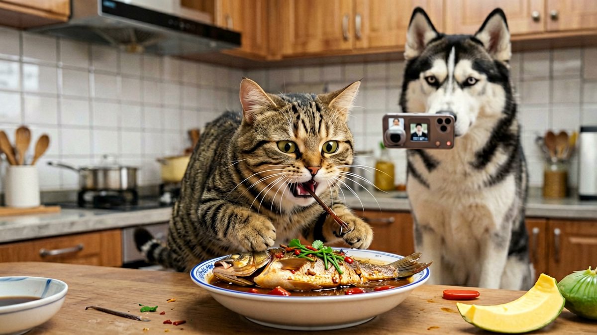 狸花猫：我只是来帮你们尝尝咸淡……这哈士奇居然还在直播？！